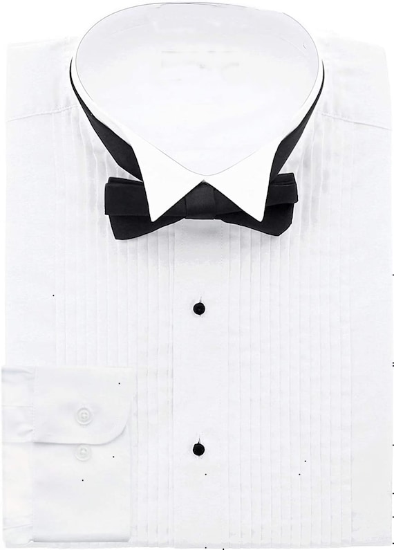 Men's Pleated Tuxedo Dress Shirt Wing Tip Collar Long-Sleeve Button Down