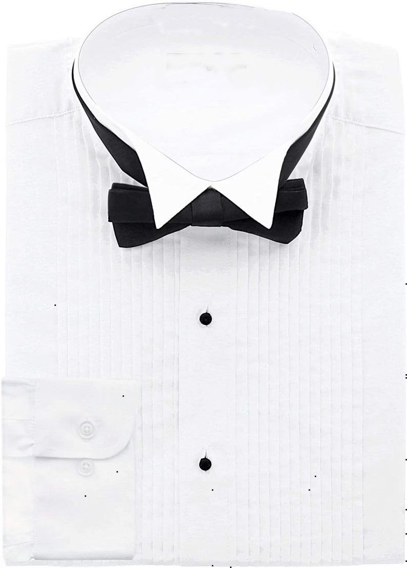 May include: A white dress shirt with a pleated front and a black bow tie. The shirt has a wing collar and French cuffs.