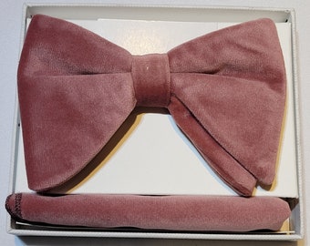 Men's Long Dusty Pink Velvet Bow Tie and Hanky Set