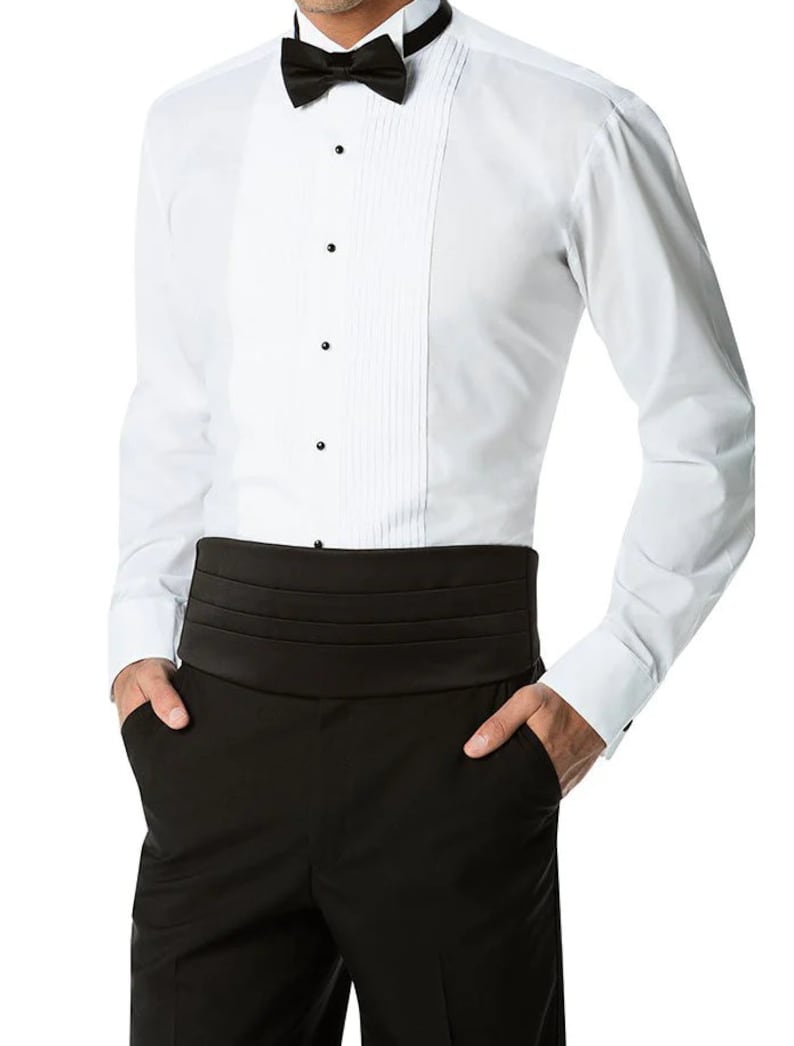 Men's Pleated Tuxedo Dress Shirt Wing Tip Collar Long-Sleeve Button Down image 2