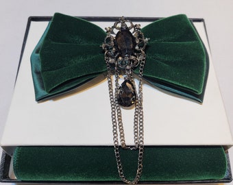 Men's Hunter Green Satin / Velvet Layered Bow Tie, Brooch, Chain, and Hanky Set