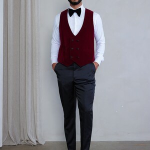 Mens Slim Fit 3-Piece Burgundy Shawl Lapel Velvet Tuxedo image 4