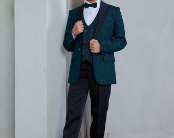 Boy's 4-Pieces Slim Fit Hunter Green Modern Sequin Tuxedo Set perfect for Weddings, Parties, and other Milestones