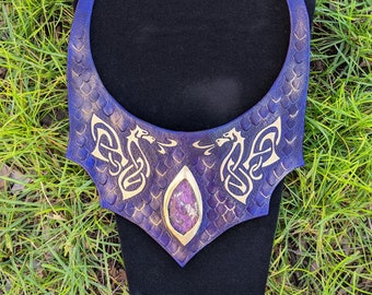 Celtic Knot Dragons Purpurite Bib Necklace Hand-Tooled Dragon Scale Necklace