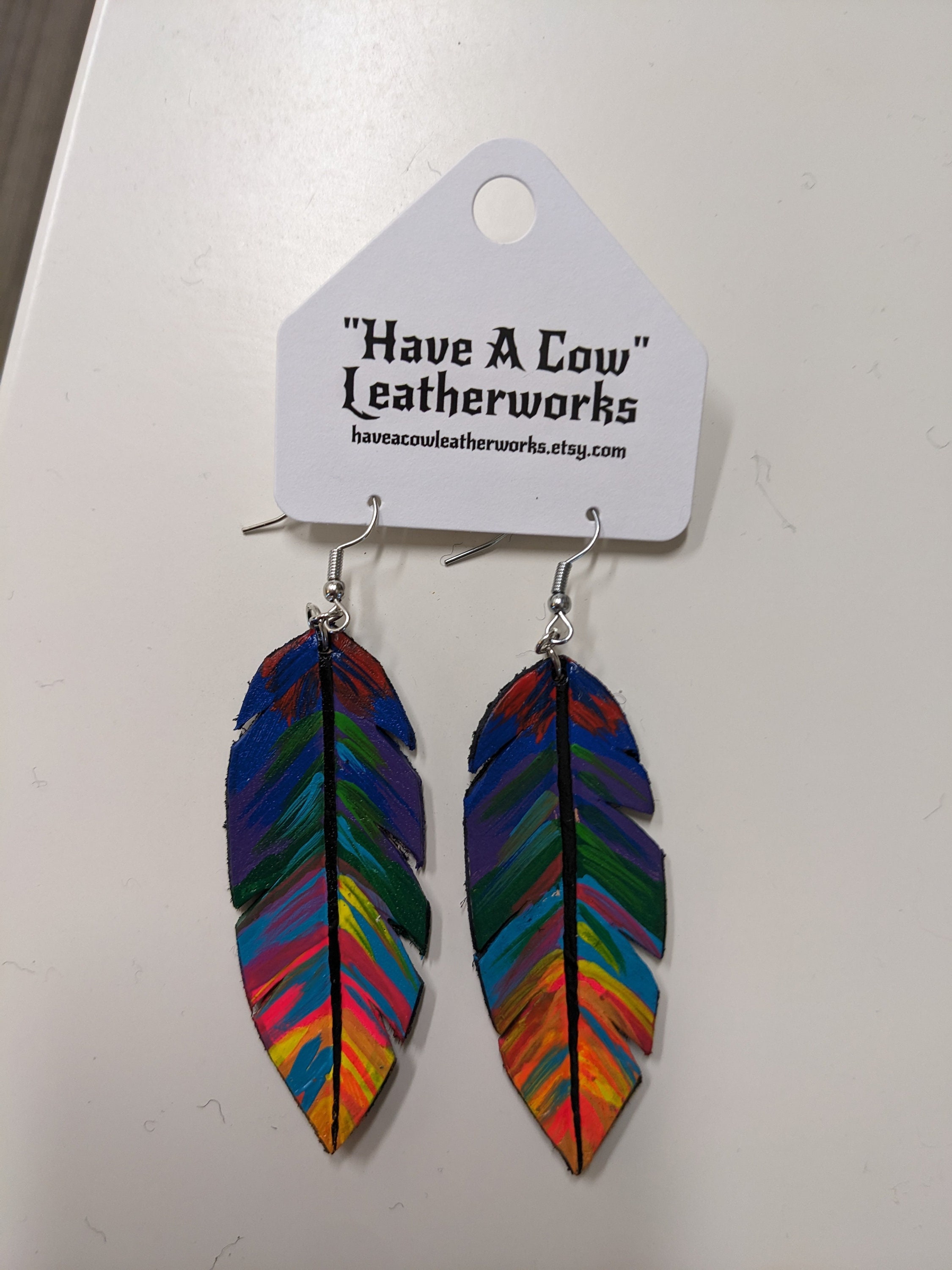 Rainbow Feather Leather Earrings - Etsy display picture 3