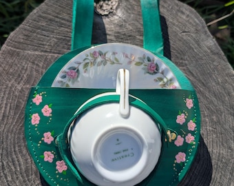 Porta tazza da tè vittoriano con fiore rosa, porta set da tè con cintura rinascimentale Steampunk