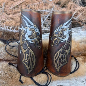 Dragon Viking Hand-Tooled Leather Armor Vambraces Bracers Arm Guards