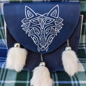 Silver Wolf Leather Sporran with Rabbit Fur Tassels for Kilt