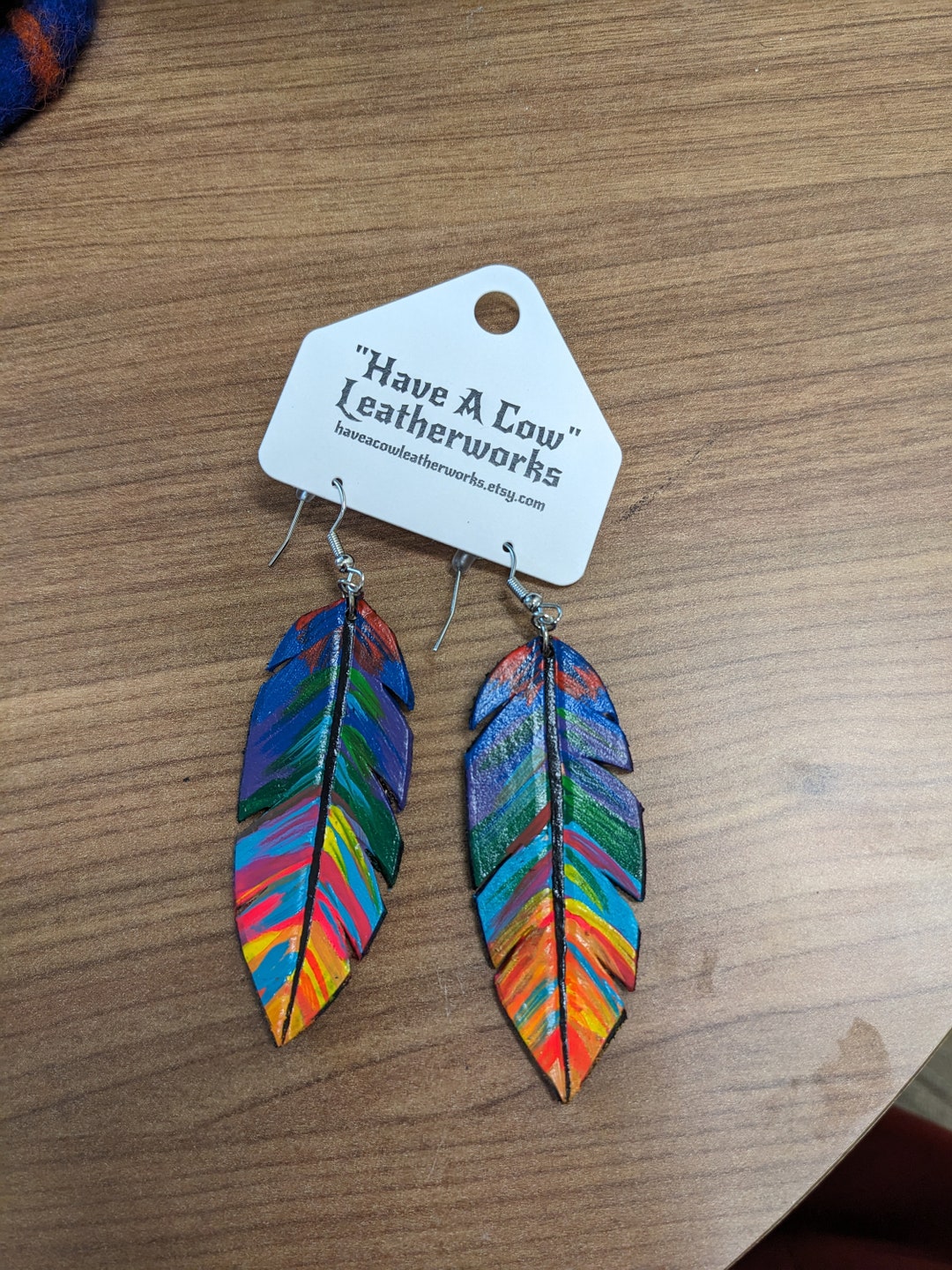 Colorful Feather Earrings with leather - rainbow and white Rainbow Feather Earrings: Fun Festival Jewelry LBGTQIA+ - Etsy main image 4
