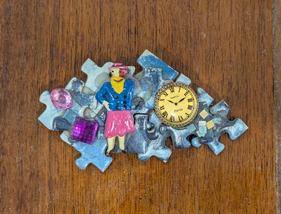 Vintage Puzzle-Pieces Craft Art pin - "Time Hurries On" View 3