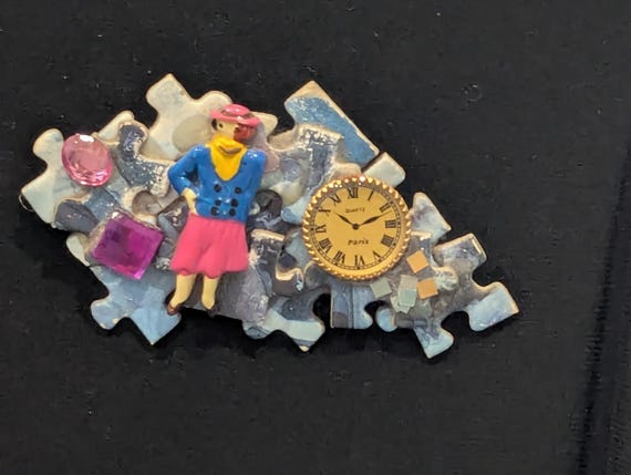 Vintage Puzzle-Pieces Craft Art pin - "Time Hurries On"