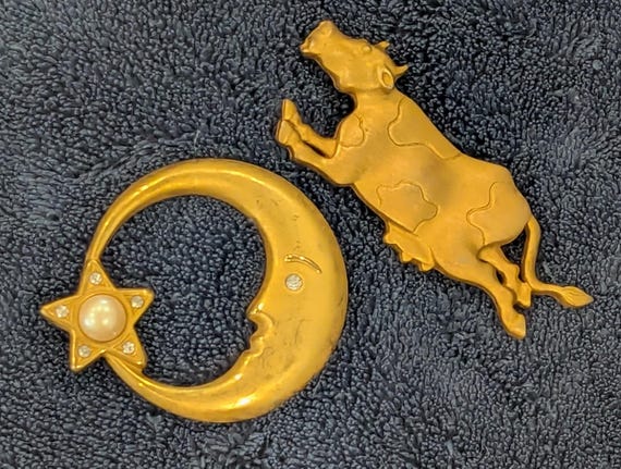 Whimsical Cow-Jumps-Over-the-Moon Brooch Set