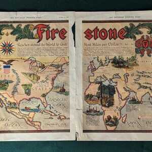 May include: A vintage advertisement for Firestone tyres featuring two maps. The left map shows North America with the text "Firestone Reaches around the World to Give Most Miles per Dollar." The right map shows Eurasia with the text "Firestone Most Miles per Dollar."