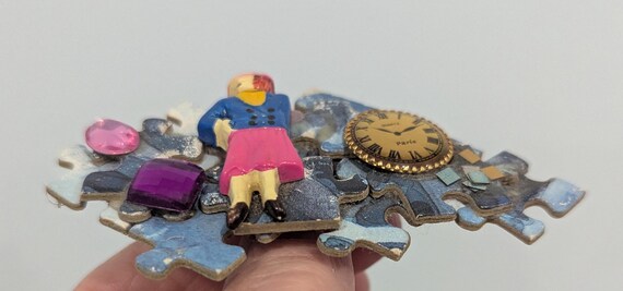 Vintage Puzzle-Pieces Craft Art pin - "Time Hurries On" View 6