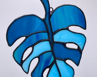 Stained glass monstera leaf suncatcher * blue