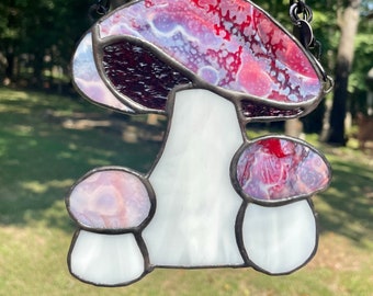 Stained glass red mushroom trio suncatcher