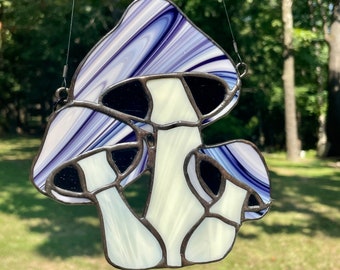 Stained glass purple mushroom trio suncatcher