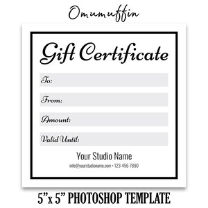 Plantilla de certificado de regalo de fotografía 5x5, plantilla de tarjeta de regalo para fotógrafos, tarjeta de regalo de estudio, cupón, Photoshop PSD *INSTANT DOWNLOAD*