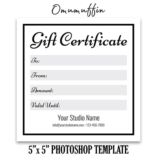 5x5 Photography Gift Certificate Template, Gift Card Template for Photographers, Studio Gift Card, Voucher, Photoshop PSD *INSTANT DOWNLOAD*