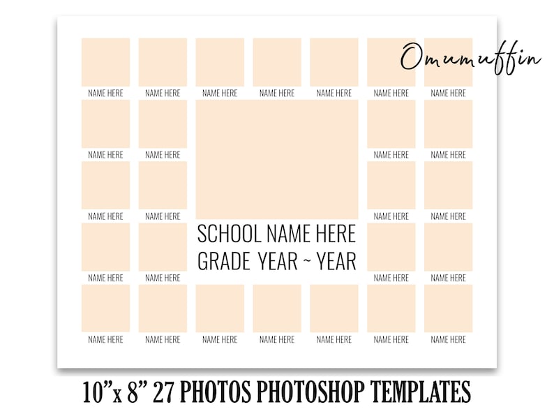 Puede incluir: Una plantilla imprimible para un collage de 27 fotos. La plantilla est&aacute; dise&ntilde;ada para fotos de 25,4 cm por 20,3 cm e incluye el texto "SCHOOL NAME HERE GRADE YEAR - YEAR".