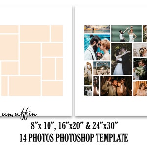 8x10 16x20 24x30 Photo Collage Photoshop PSD Plantilla para 14 fotos, guión gráfico de boda, collage graduado, compuesto funerario, signo de marketing