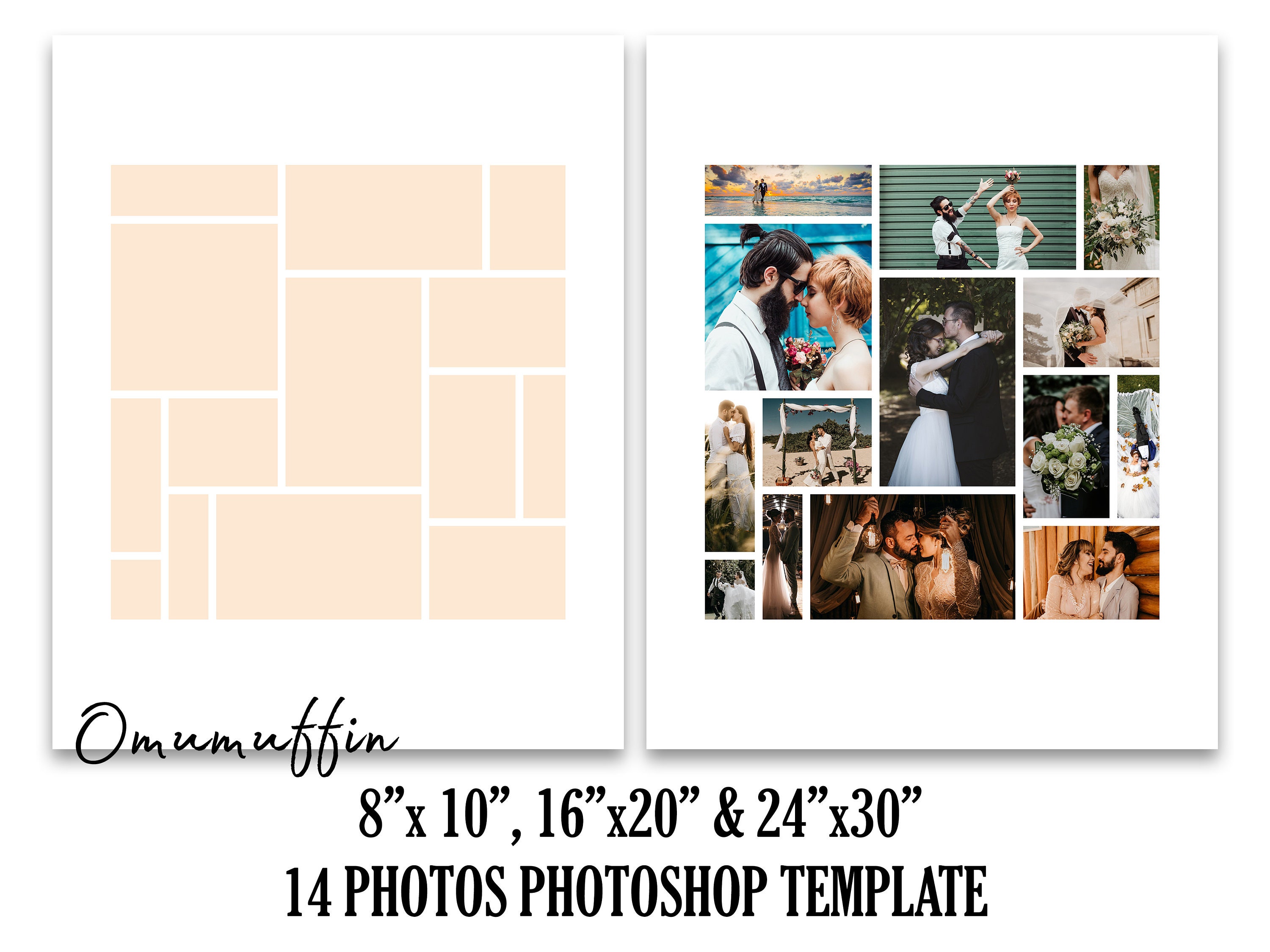 8x10 16x20 24x30 Photo Collage Photoshop PSD Template for 14 Photos, Wedding Storyboard, Graduate Collage, Funeral Composite, Marketing Sign