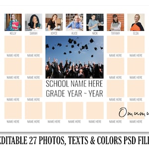 Puede incluir: Una plantilla de collage de fotos de graduaci&oacute;n imprimible con 27 espacios para fotos, cuadros de texto y una imagen grande de un grupo de graduados lanzando sus gorros al aire. El texto "SCHOOL NAME HERE GRADE YEAR - YEAR" est&aacute; en la parte inferior del collage.