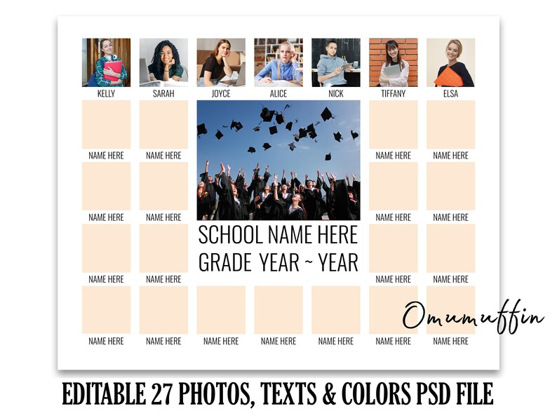 Puede incluir: Una plantilla de collage de fotos de graduaci&oacute;n imprimible con 27 espacios para fotos, cuadros de texto y una imagen grande de un grupo de graduados lanzando sus gorros al aire. El texto "SCHOOL NAME HERE GRADE YEAR - YEAR" est&aacute; en la parte inferior del collage.