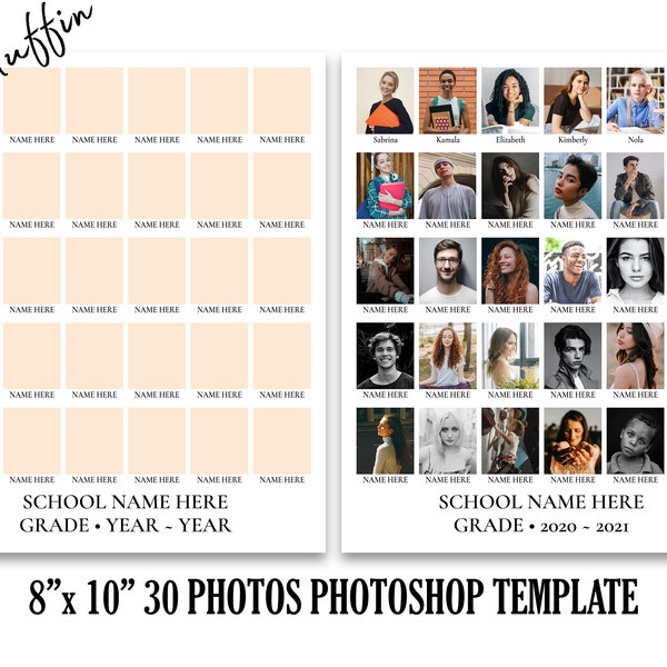 8x10 School Portrait Composite Photo Template for 30 photos, Photo Collage Template for Class & Yearbook, Photoshop PSD INSTANT DOWNLOAD