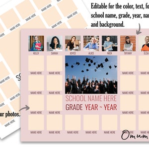 Puede incluir: Una plantilla de foto de graduaci&oacute;n de clase con fondo rosa. La plantilla tiene espacio para 24 fotos e incluye el texto "SCHOOL NAME HERE GRADE YEAR - YEAR".