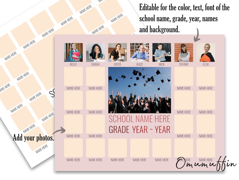 Puede incluir: Una plantilla de foto de graduaci&oacute;n de clase con fondo rosa. La plantilla tiene espacio para 24 fotos e incluye el texto "SCHOOL NAME HERE GRADE YEAR - YEAR".