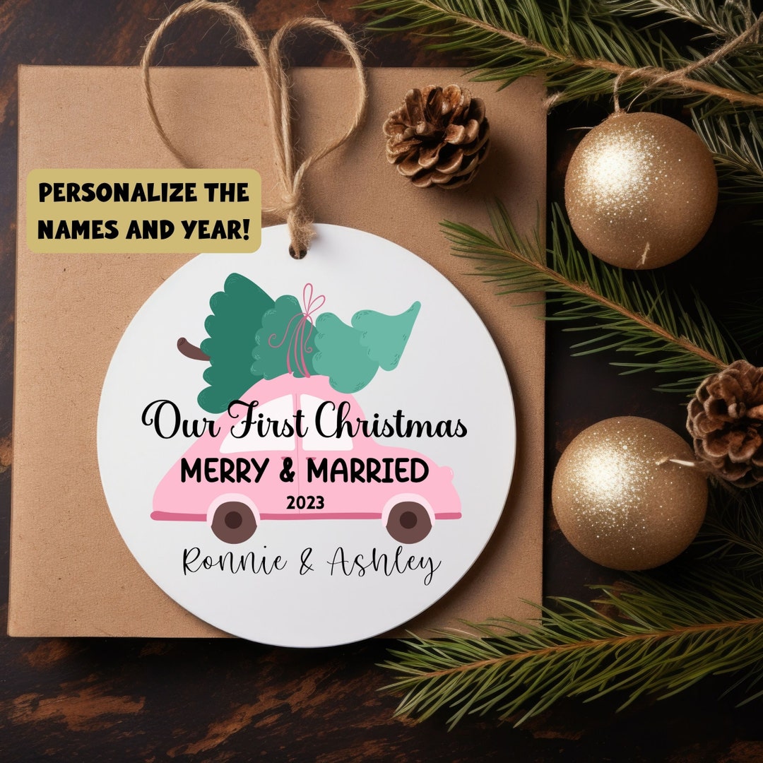 Personalize Ornament Our First Christmas Merry & Married Ceramic Round ...