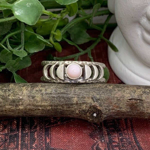 Pink Opal Moon Phase Silver Plated Adjustable Ring