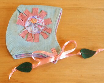 Handmade Recycled Sweater Knit Baby Hat Orange Baby Helmet Hat Baby Gift Baby Hat with Flower Applique