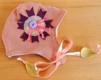 Handmade Recycled Sweater Knit Baby Hat Orange Baby Helmet Hat Baby Gift Baby Hat with Flower Applique