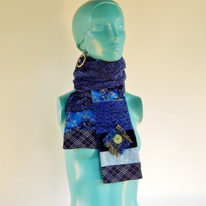 Handmade/Handwoven Artisan Scarf, Recycled Fabric Scarf, Blue Knit Scarf, Perfect Gift