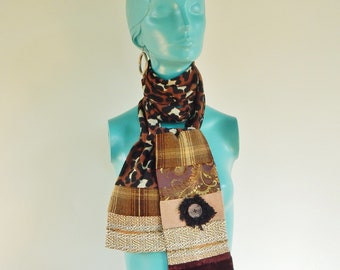 Handmade Artisan Scarf, Recycled Fabric Scarf, Brown/Beige Animal Print Scarf, Handwoven Scarf with Antique Button