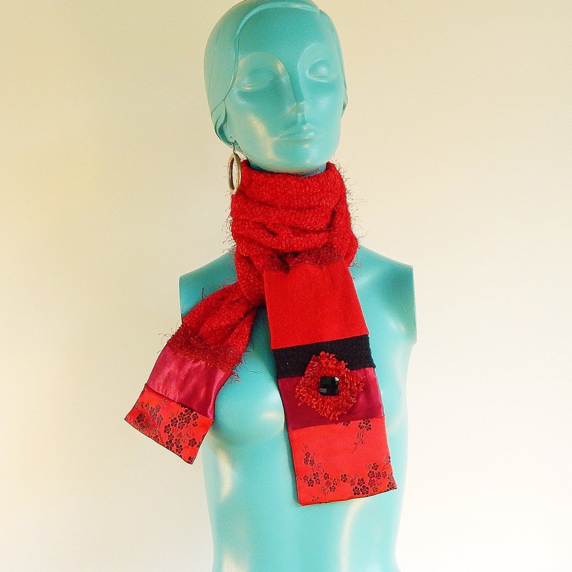 Handmade/handwoven Artisan Scarf, Recycled Fabric Scarf, Red Black