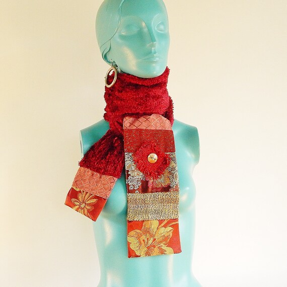 Handmade Handwoven Artisan Scarf Recycled Fabric Scarf Red Gold Beige Scarf Perfect Gift
