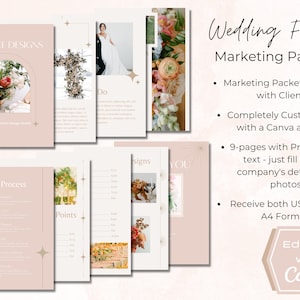 May include: A pink and white marketing packet for wedding florists. The packet includes 9 pages with pre-written text, customizable with a Canva account. The packet is editable with Canva and includes both US Letter and A4 formats.