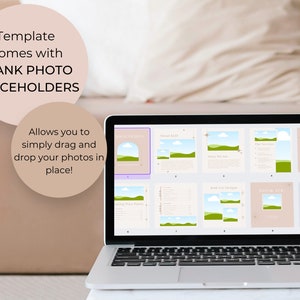 May include: A laptop computer displaying a digital planner template with a light pink background and green illustrations. The template includes sections for "About Us", "Our Services", "Book Us", and "Thank You".