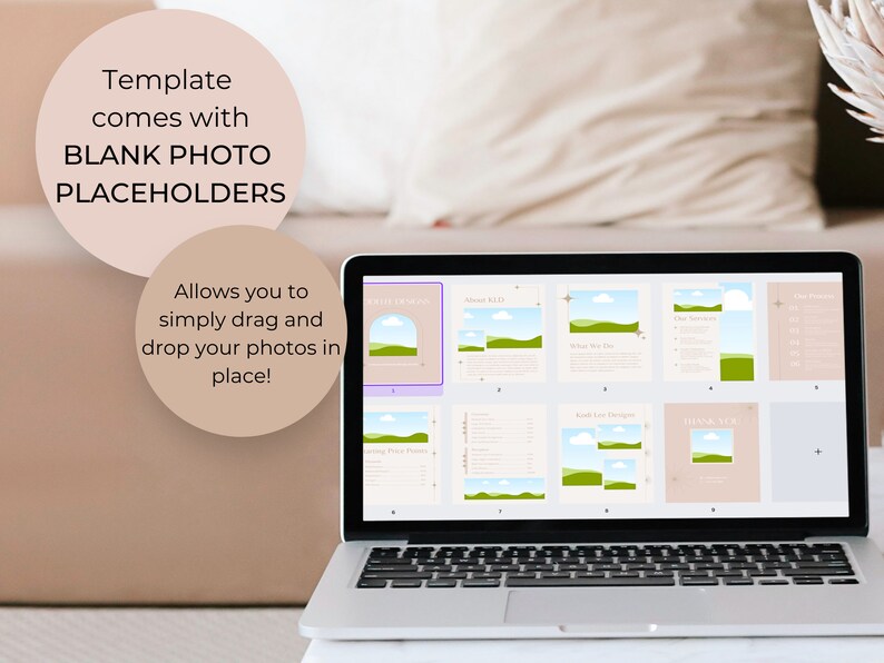 May include: A laptop computer displaying a digital planner template with a light pink background and green illustrations. The template includes sections for "About Us", "Our Services", "Book Us", and "Thank You".