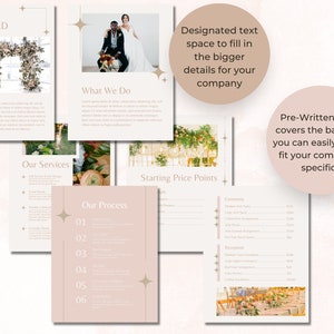 May include: A pink and white brochure with gold accents. The brochure features images of a wedding ceremony and reception, and includes text about wedding planning services. The text includes the words "About KLD", "Our Services", "What We Do", "Our Process", "Starting Price Points", and "Pre-Written Text".