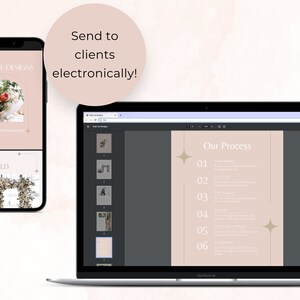 May include: A screenshot of a website showing a design process for a business called Kodi Lee Designs. The website is open on a laptop computer and a mobile phone. The website has a light pink background with a dark gray text box that says "Our Process" and lists six steps. The steps are numbered 1 through 6. The website also has a light pink background with a dark gray text box that says "About KLD".