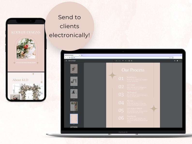 May include: A screenshot of a website showing a design process for a business called Kodi Lee Designs. The website is open on a laptop computer and a mobile phone. The website has a light pink background with a dark gray text box that says "Our Process" and lists six steps. The steps are numbered 1 through 6. The website also has a light pink background with a dark gray text box that says "About KLD".