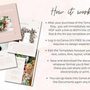 May include: A pink and white digital download for a floral and event design business. The image shows a mockup of the design with text that says "KODILEL DESIGNS" and "What We Do". The text "How it works" is also visible in the image. The text describes how to use the template, which includes downloading a PDF with a link to both US Letter and A4 size templates on Canva.