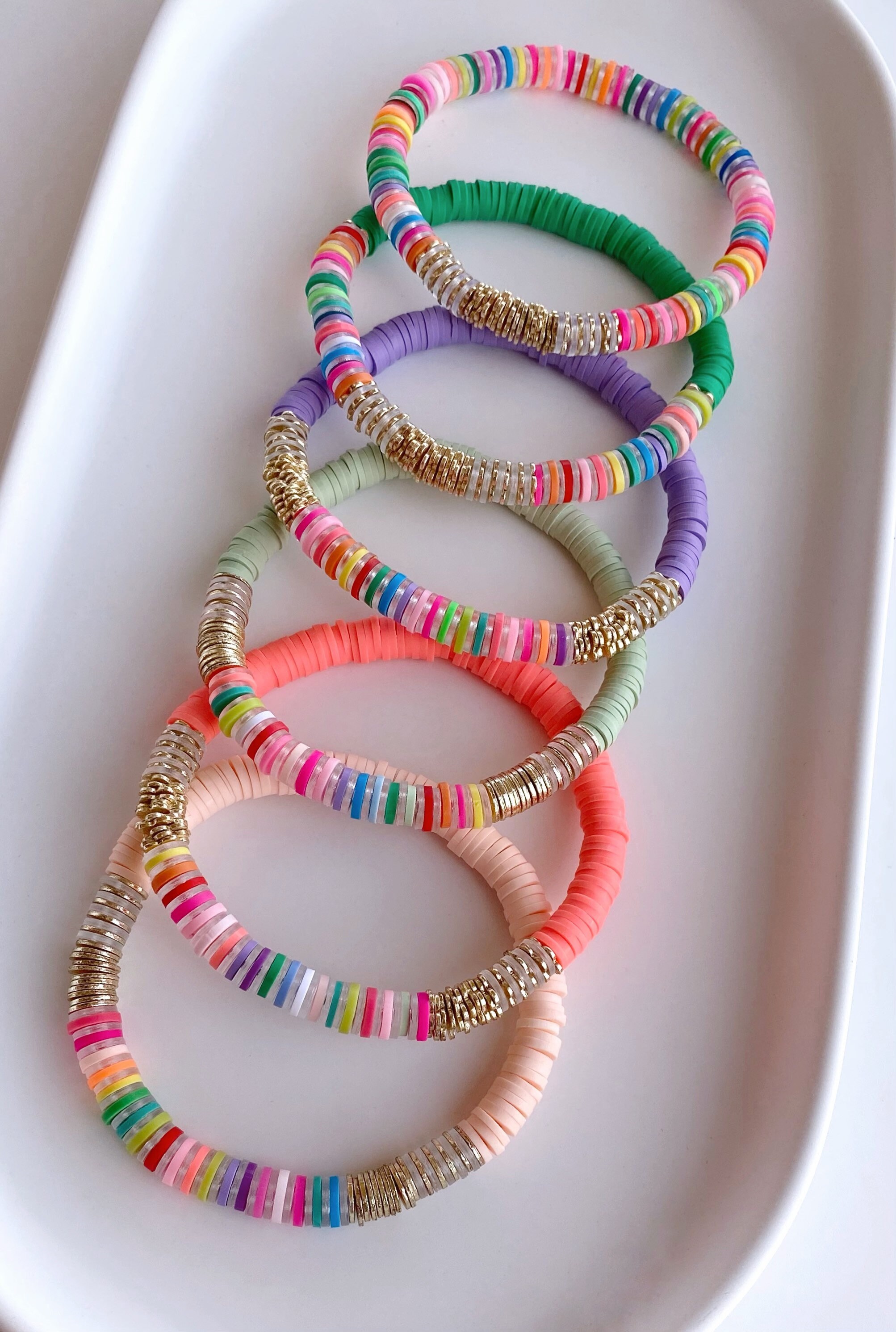Rainbow Clear stacking Heishi beaded bracelets- Colorful clay vinyl d…