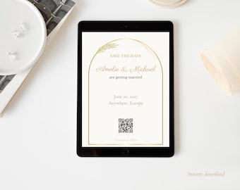 May include: A digital tablet displays a wedding invitation. The text reads "SAVE THE DATE" above "Amelie & Michael are getting married" and the date June 20, 2017. A QR code is at the bottom. The design features gold accents.