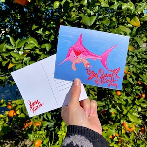 Cartão postal de divórcio/separação de tubarão fofo “Love Hurts”, arte do grande tubarão branco