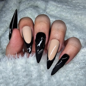 Black Swirl Press On Nails - Glossy Long Stiletto, Handmade Reusable Fake Nails